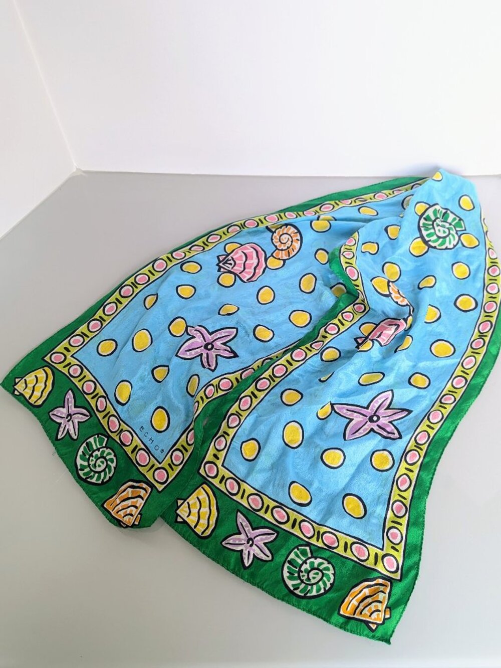 Vintage Echo Blue & Green Fish Seashell Starfish Long Silk Scarf